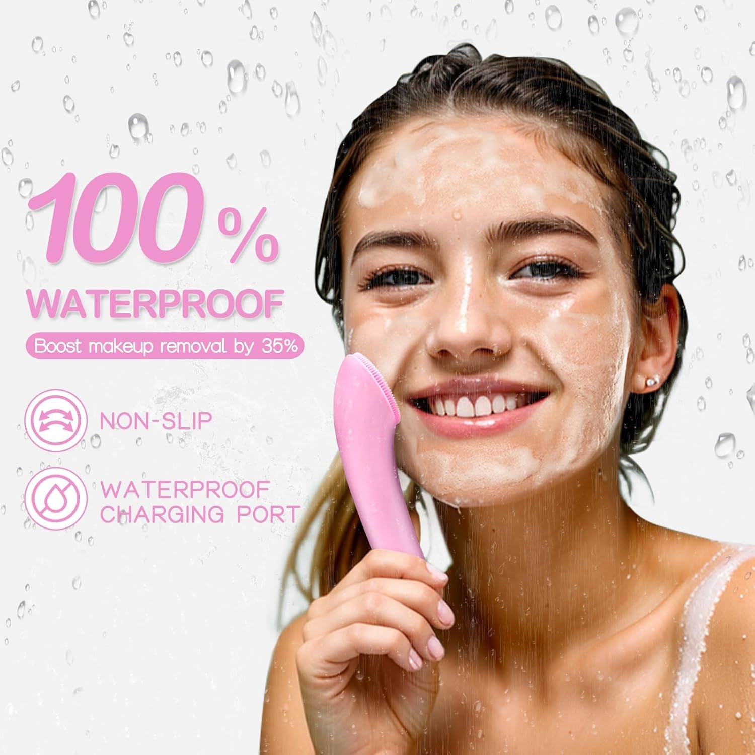 Silicone Face Scrubber, Rechargeable Facial Cleansing Brush with Heat Massage End, Vibrating Exfoliating Face Scrubber for Women and Men, Waterproof Facial Scrubber for Deep Cleansing (Pink)