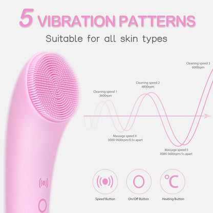 Silicone Face Scrubber, Rechargeable Facial Cleansing Brush with Heat Massage End, Vibrating Exfoliating Face Scrubber for Women and Men, Waterproof Facial Scrubber for Deep Cleansing (Pink)